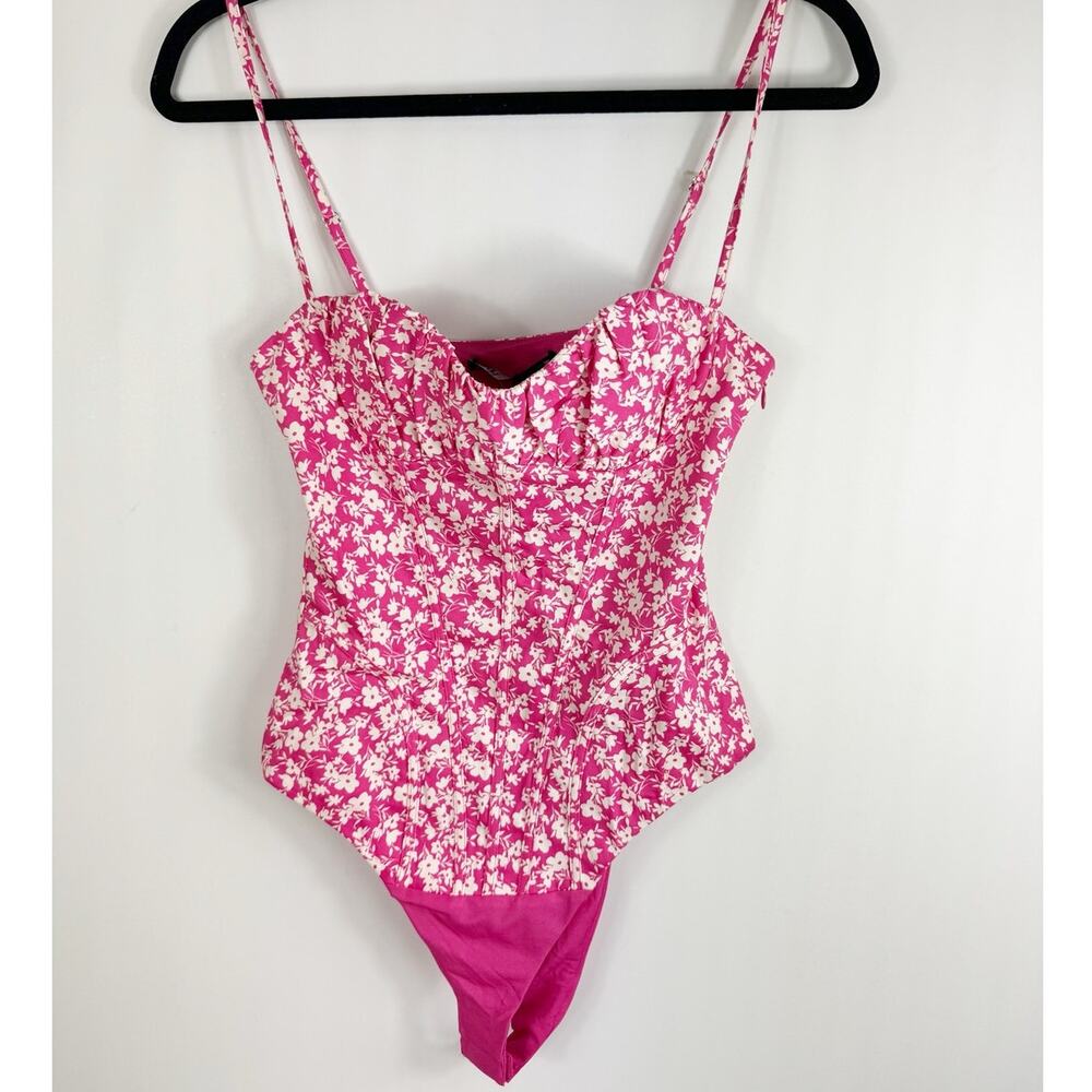 Zara Womens Pink White Floral Corset Bodysuit Top Bustier XS